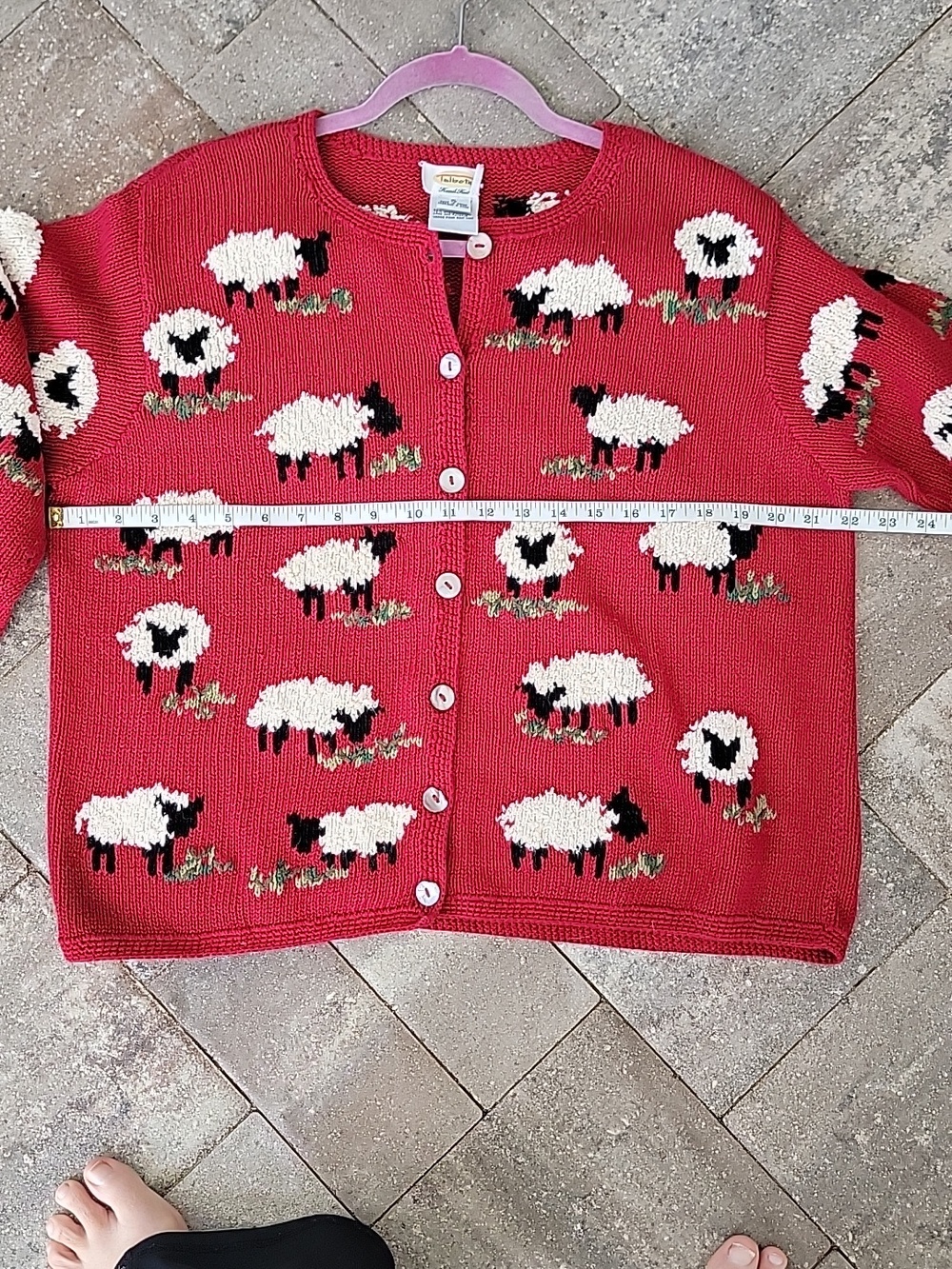 Talbots Hand Knit 90's Cotton Linen Blend Sheep-Pattern Button Cardigan Sz XL - Picture 9 of 12
